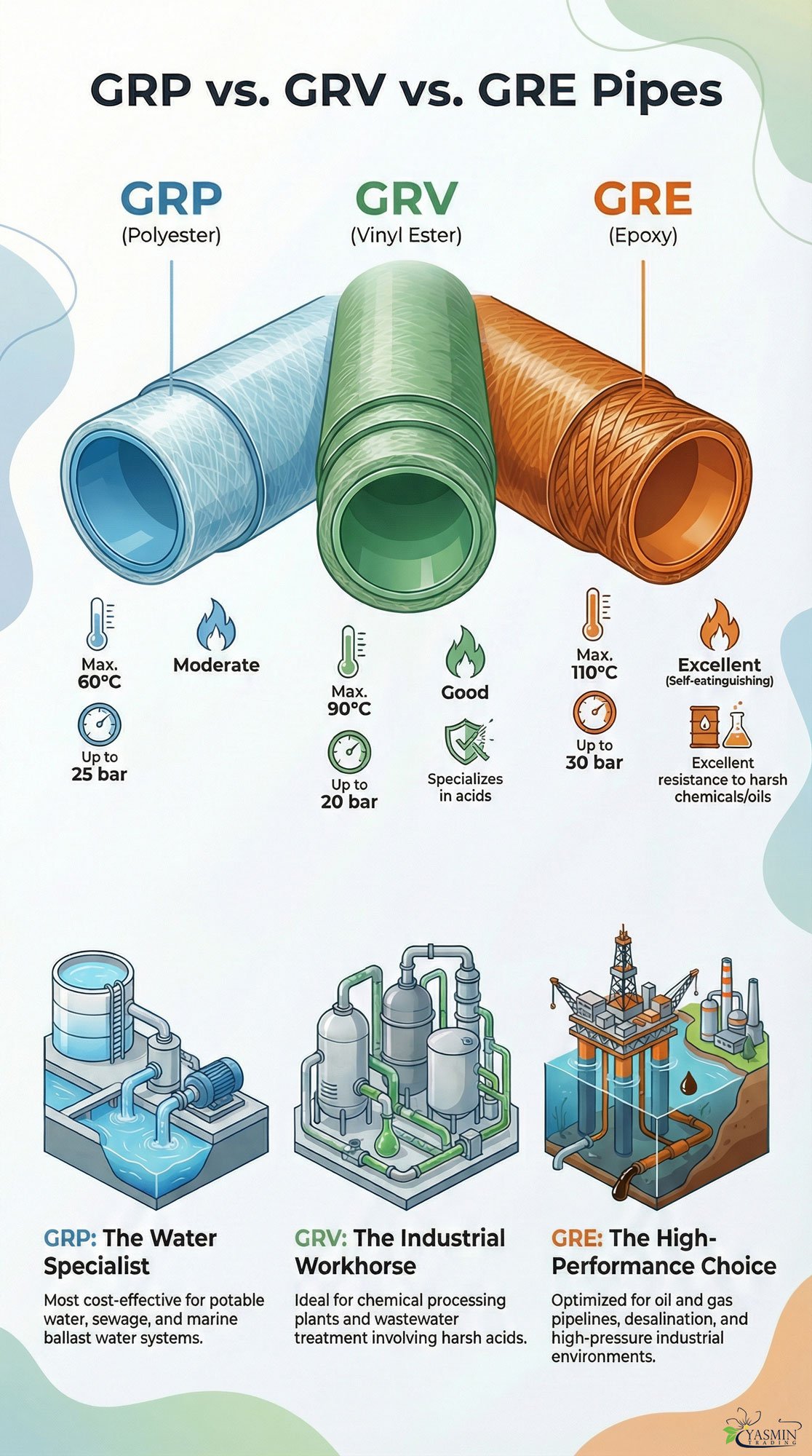 GRP vs GRV vs GRE pipe infographic